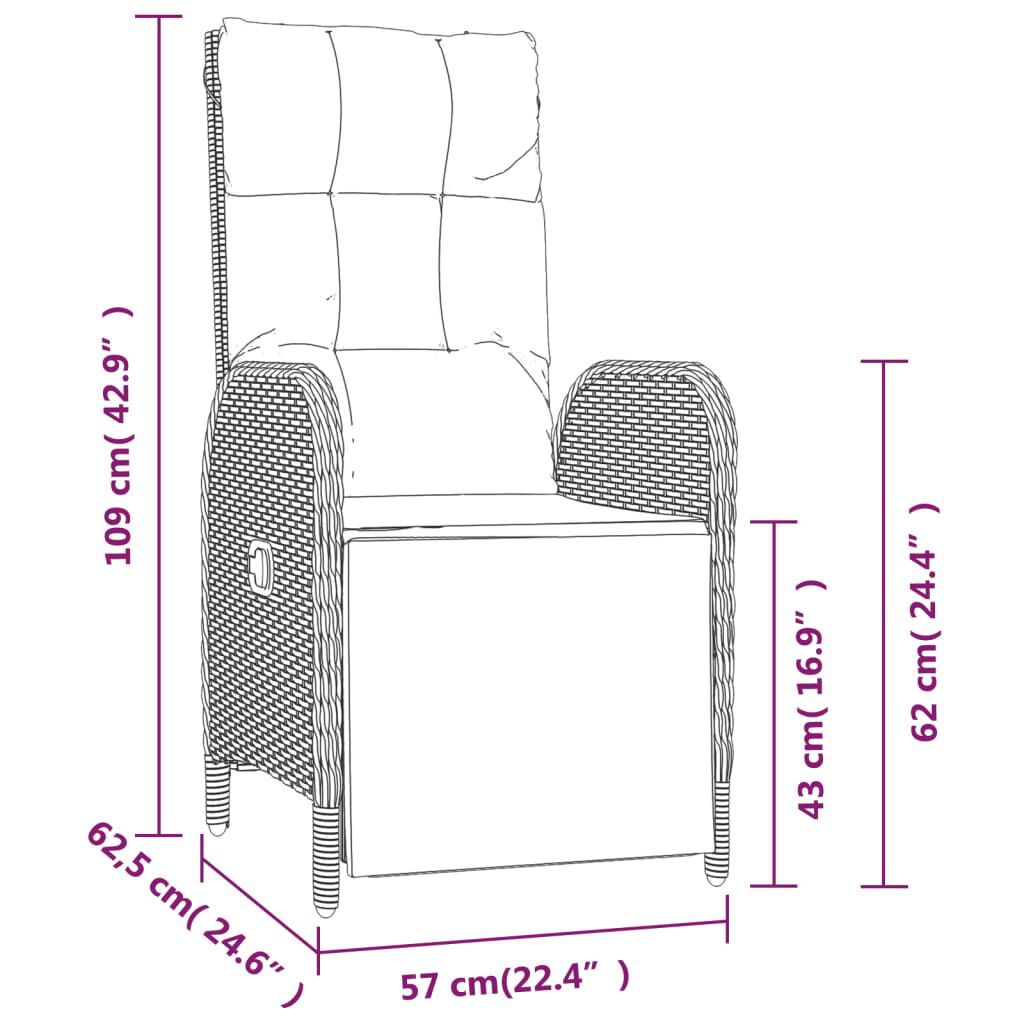 vidaXL Garden Reclining Chairs 2 pcs with Table Black Poly Rattan