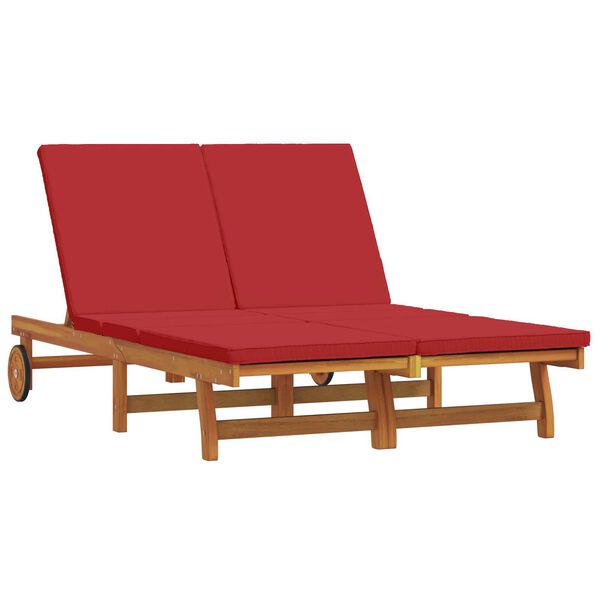 vidaXL Double Sun Lounger with Wheels and Cushion - Solid Acacia Wood