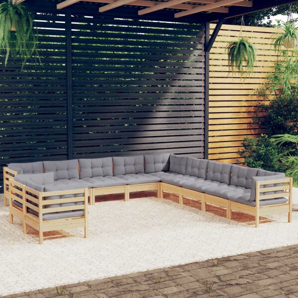 vidaXL 11 Piece Garden Lounge Set with Grey Cushions Solid Pinewood