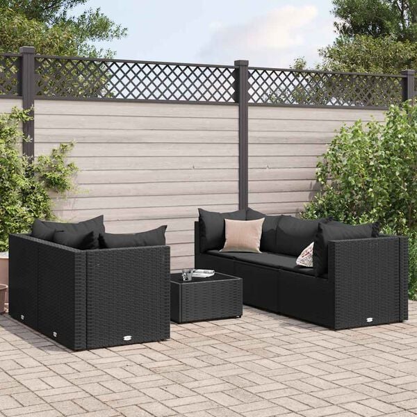 vidaXL 6 Piece Garden Lounge Set with Cushions Black Poly Rattan