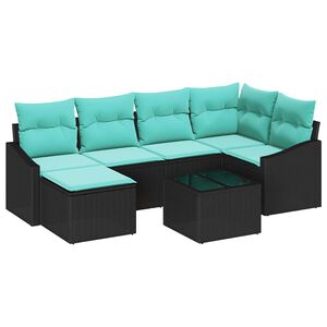 vidaXL Sofa Set with Cushion 7 pcs Black and Turquoise Poly Rattan