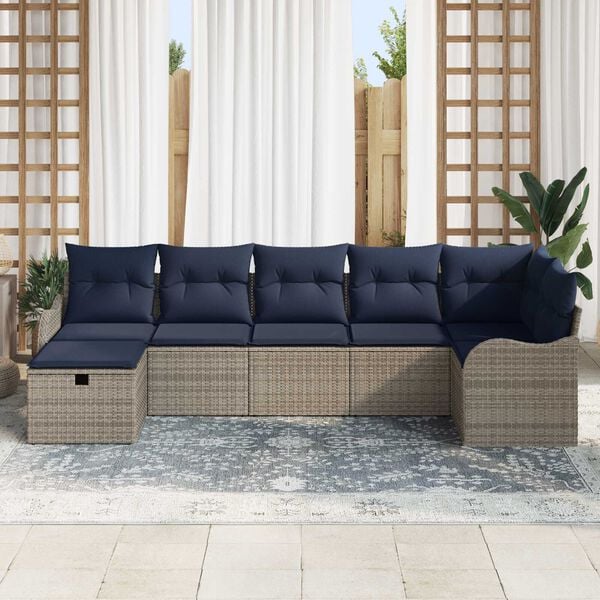 vidaXL 7 Piece Garden Sofa Set with Cushions Grey Poly Rattan