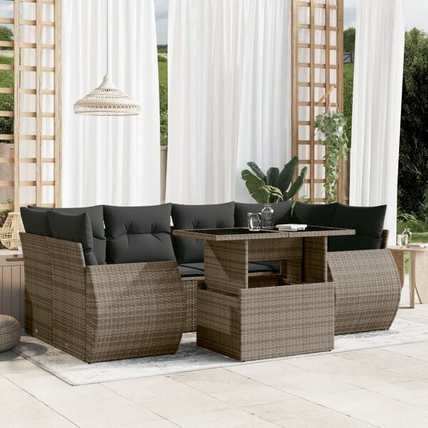 vidaXL 7 Piece Garden Sofa Set with Cushions Grey Poly Rattan