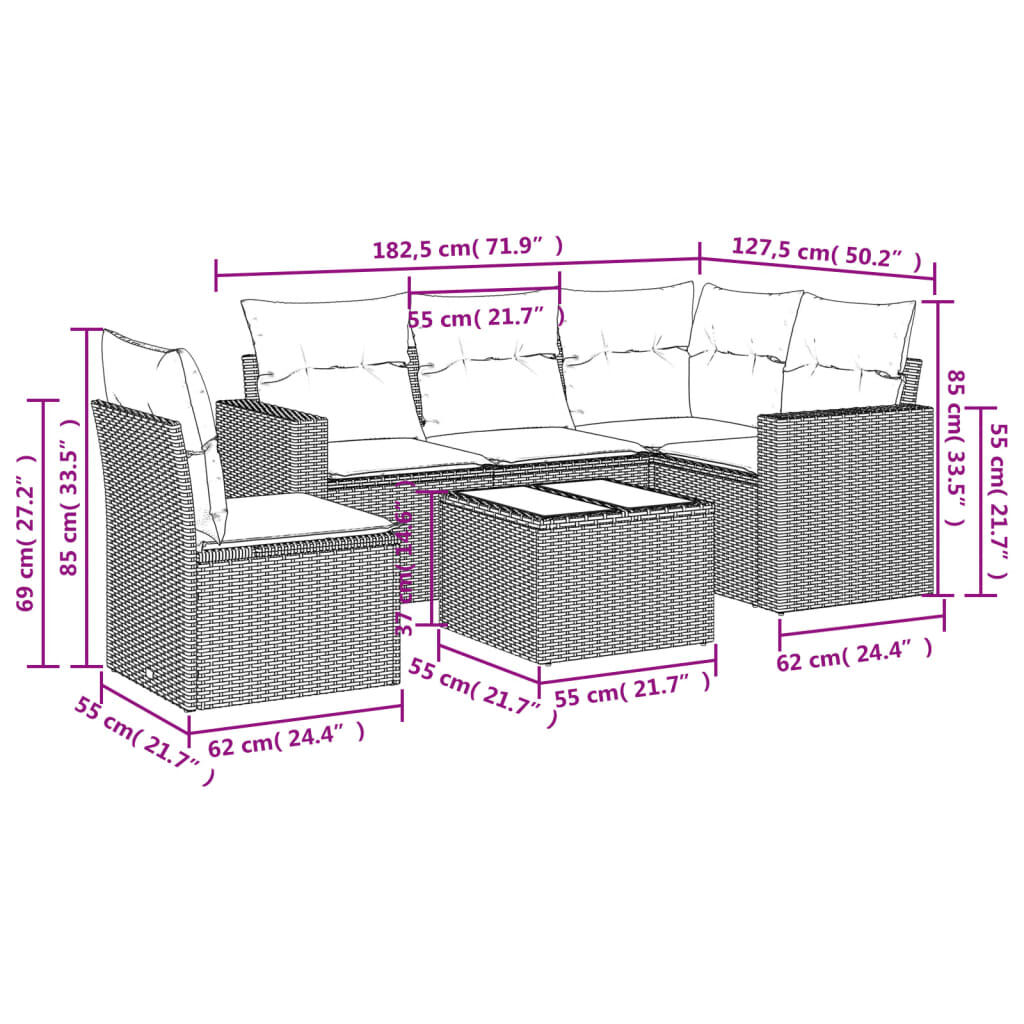 vidaXL 6 Piece Garden Sofa Set with Cushions Brown Poly Rattan