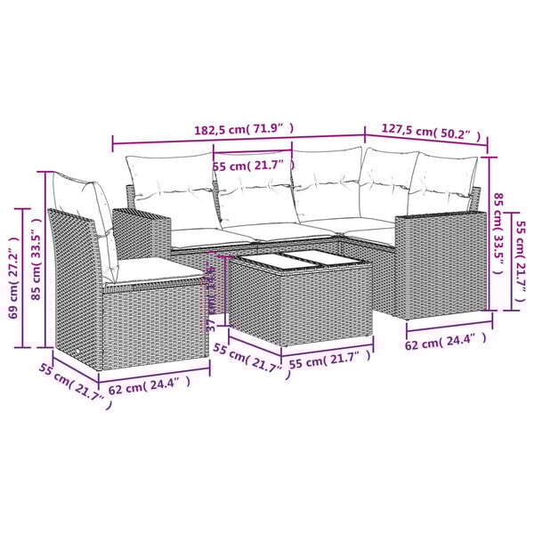 vidaXL 6 Piece Garden Sofa Set with Cushions Brown Poly Rattan