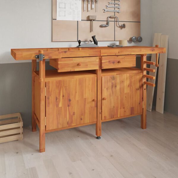 vidaXL Workbench with Drawers and Vices 162x62x83 cm Solid Wood Acacia