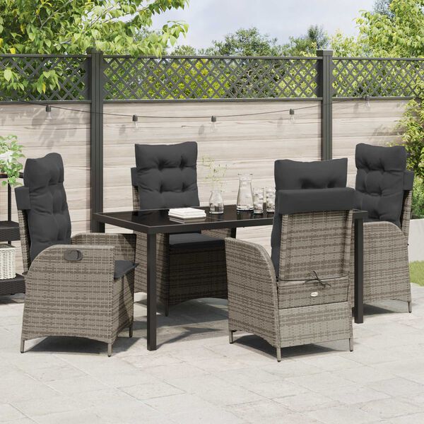 vidaXL Garden Dining Set with Cushion 5 pcs Grey Poly Rattan