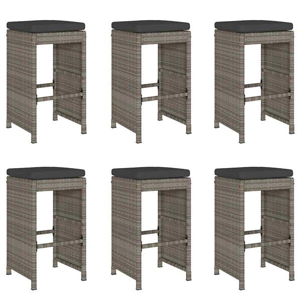 vidaXL Garden Bar Stools with Cushions 6 pcs Grey Poly Rattan
