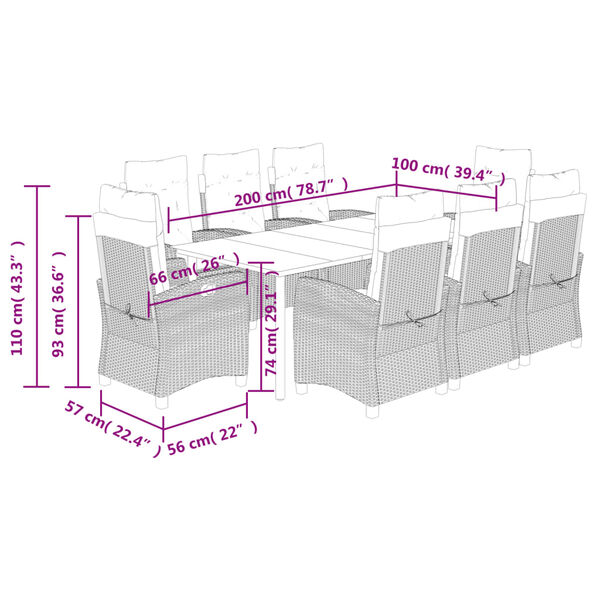 vidaXL 9 Piece Garden Dining Set with Cushions Grey Poly Rattan