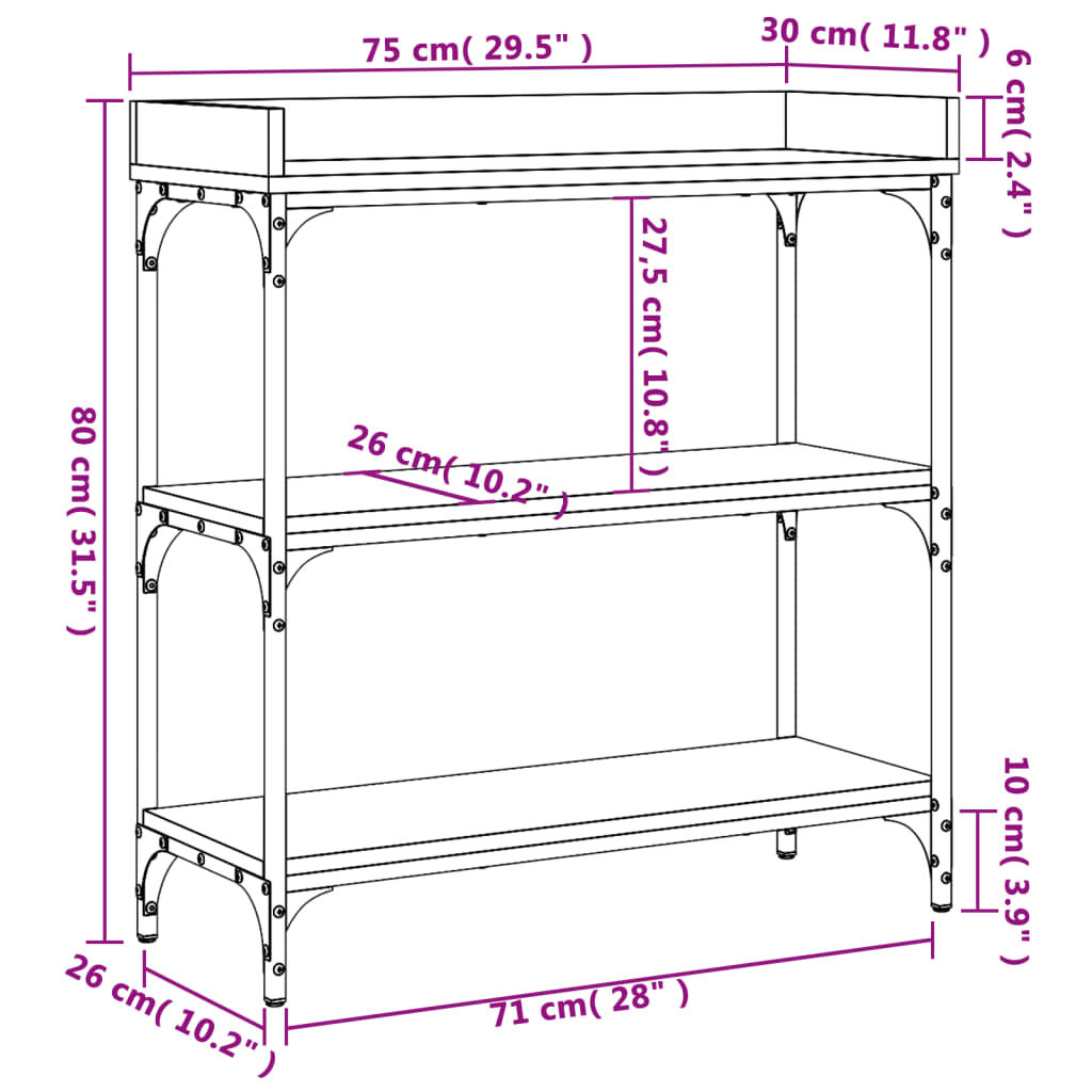 vidaXL Console Table with Shelves Black 75x30x80 cm