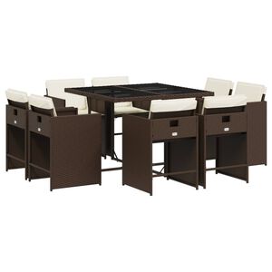 vidaXL 9 Piece Garden Dining Set with Cushions Brown Poly Rattan