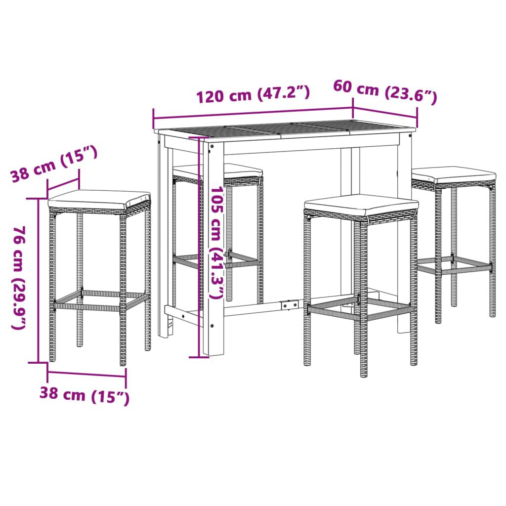 vidaXL 5 Piece Garden Bar Set Grey Solid Wood Acacia and Poly Rattan