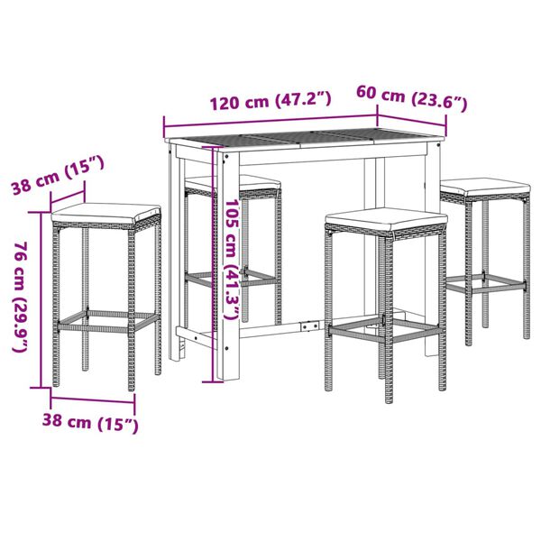 vidaXL 5 Piece Garden Bar Set Grey Solid Wood Acacia and Poly Rattan