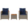 vidaXL 3 Piece Bistro Set with Cushions Grey Poly Rattan Acacia Wood