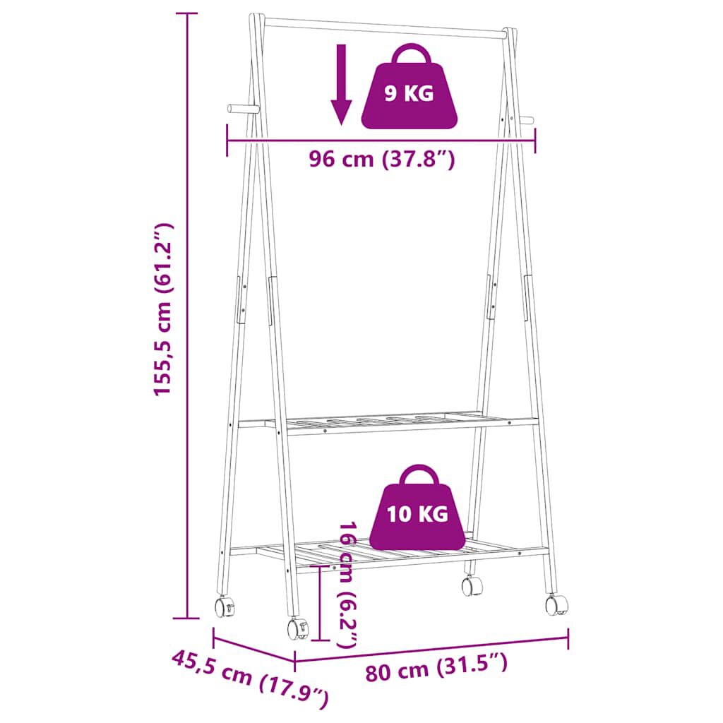 vidaXL Clothes Rack with Shelves and Wheels 96x45.5x155.5 cm Bamboo