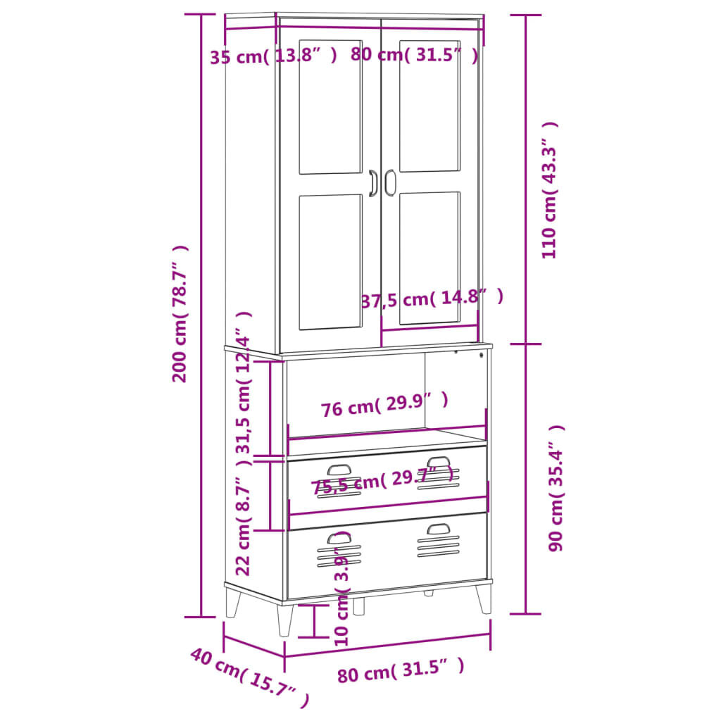 vidaXL Highboard VIKEN White 80x40x200 cm Solid Wood Pine