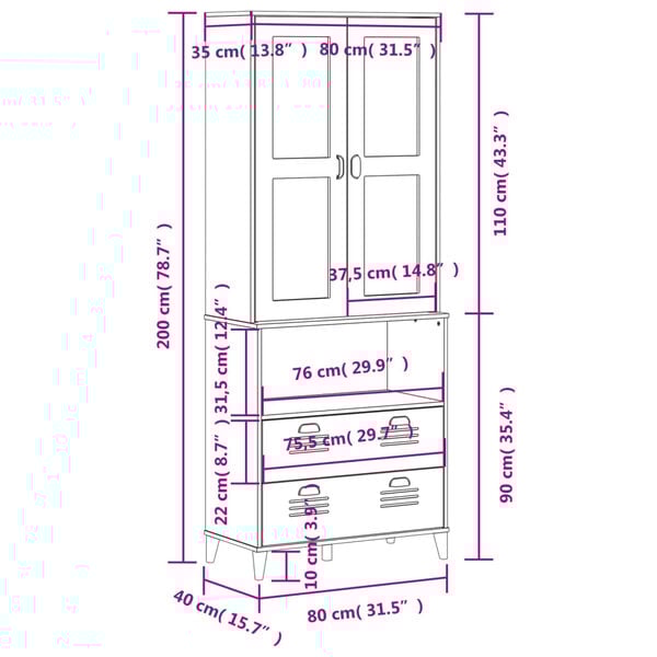 vidaXL Highboard VIKEN White 80x40x200 cm Solid Wood Pine