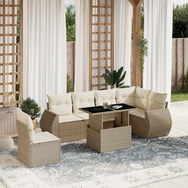 vidaXL 7 Piece Garden Sofa Set with Cushions Beige Poly Rattan