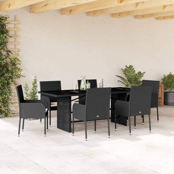vidaXL 7 Piece Garden Dining Set with Cushions Black Poly Rattan
