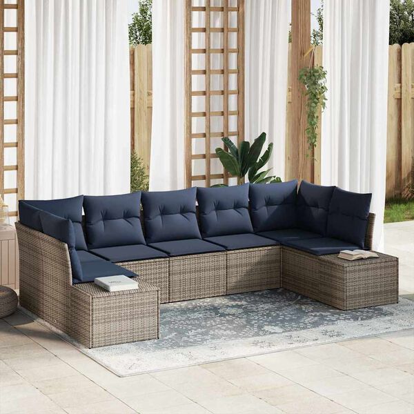 vidaXL Garden Sofa Set with Cushion 7 pcs Grey Poly Rattan