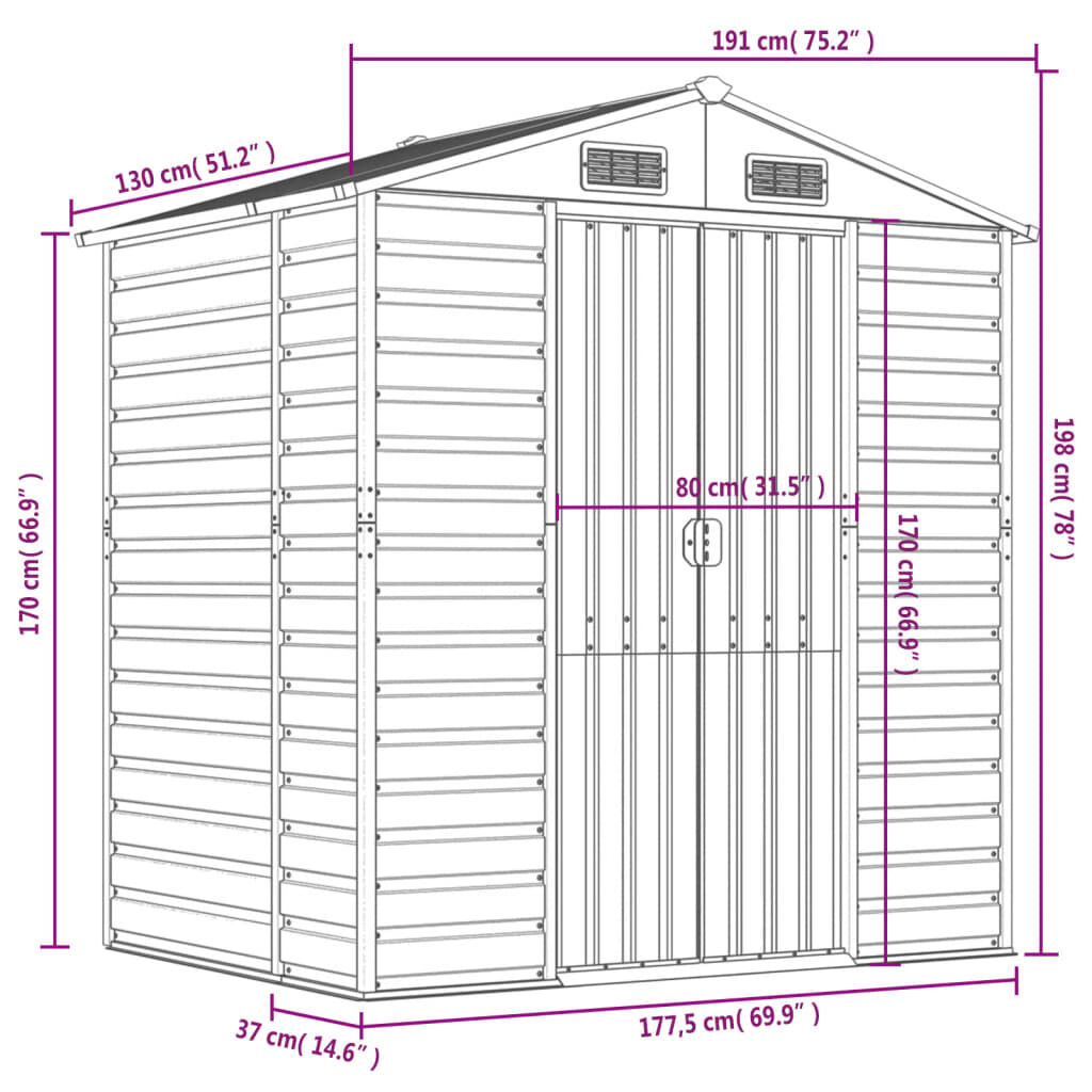 vidaXL Garden Shed Brown 191x130x198 cm Galvanised Steel