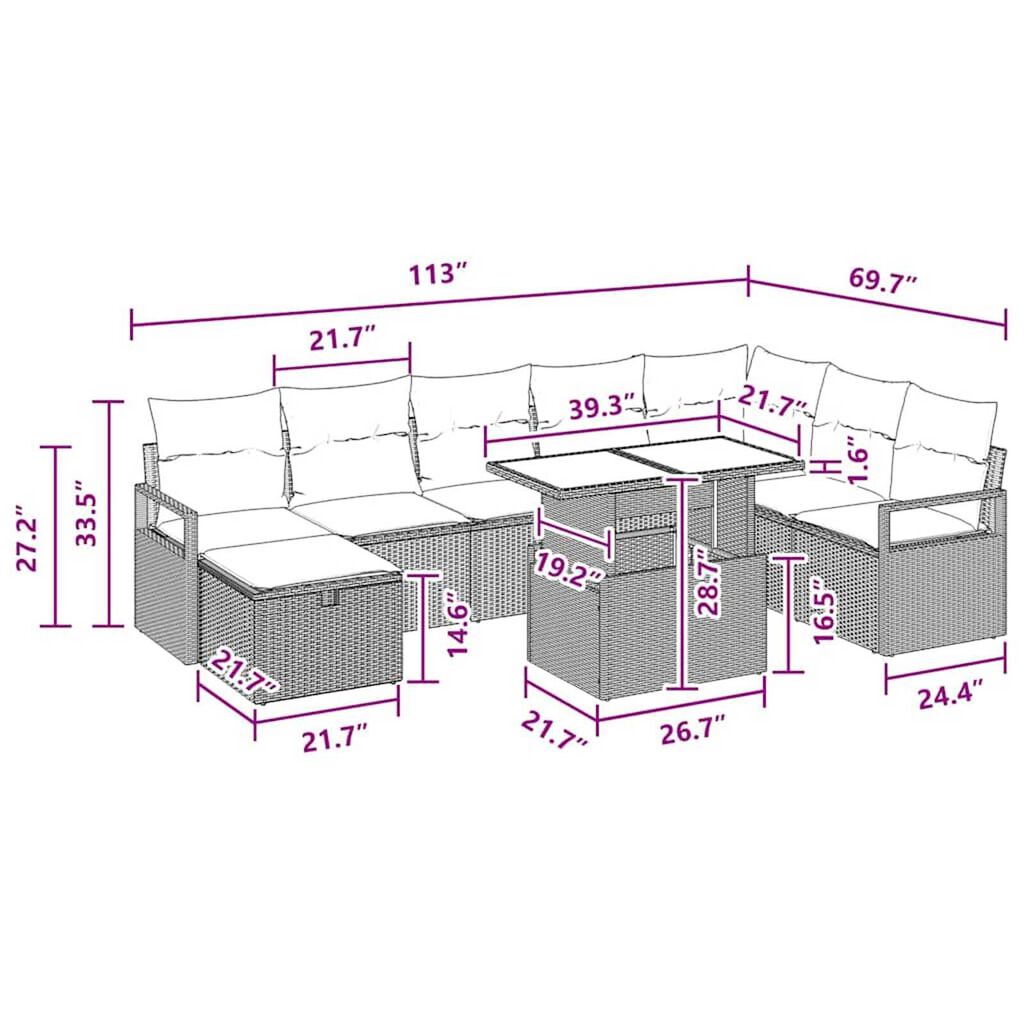 vidaXL Garden Sofa Set with Cushion 9 pcs Black Poly rattan