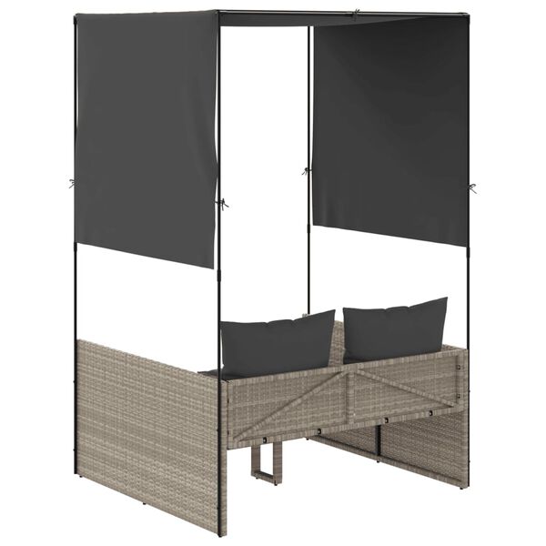 vidaXL Double Sun Lounger with Roof and Curtains Light Grey Poly Rattan
