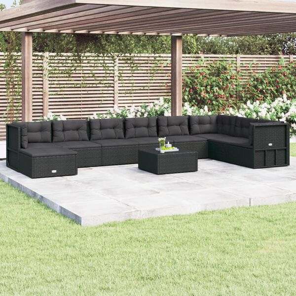 vidaXL 9 Piece Garden Lounge Set with Cushions Black Poly Rattan