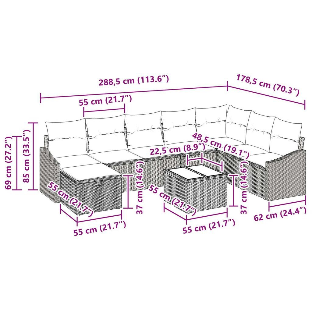 vidaXL 9 Piece Garden Sofa Set with Cushions Black Poly Rattan