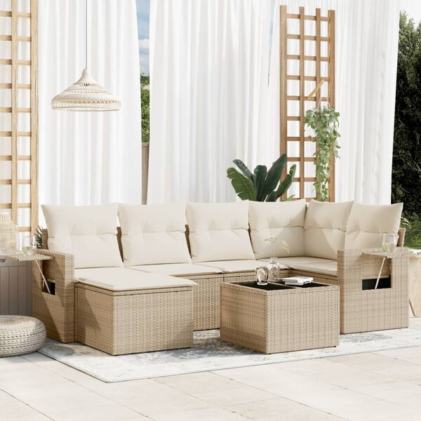 vidaXL 7 Piece Garden Sofa Set with Cushions Beige Poly Rattan