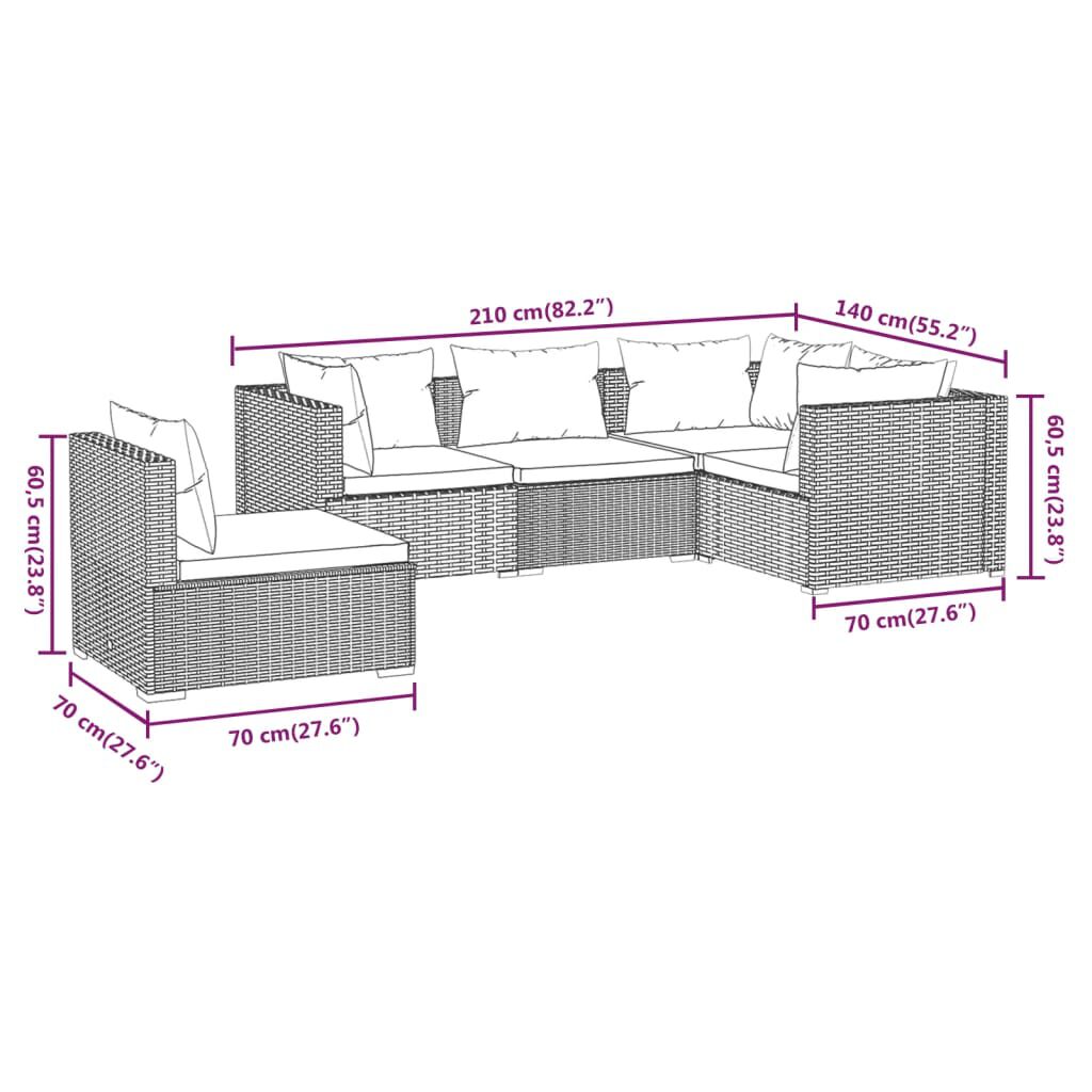 vidaXL 5 Piece Garden Lounge Set with Cushions Poly Rattan Grey