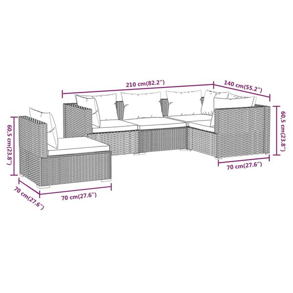 vidaXL 5 Piece Garden Lounge Set with Cushions Poly Rattan Grey