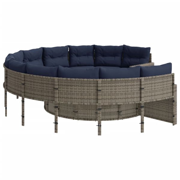vidaXL Garden Sofa with Cushions Round Grey Poly Rattan