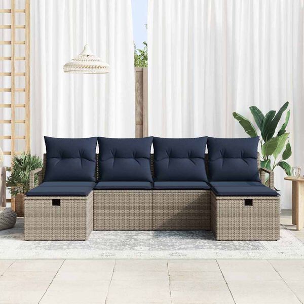 vidaXL Sofa Set with Cushion Manual 6 pcs Grey and Navy Poly Rattan