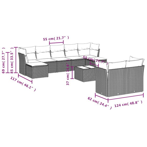 vidaXL 10 Piece Garden Sofa Set with Cushions Black Poly Rattan
