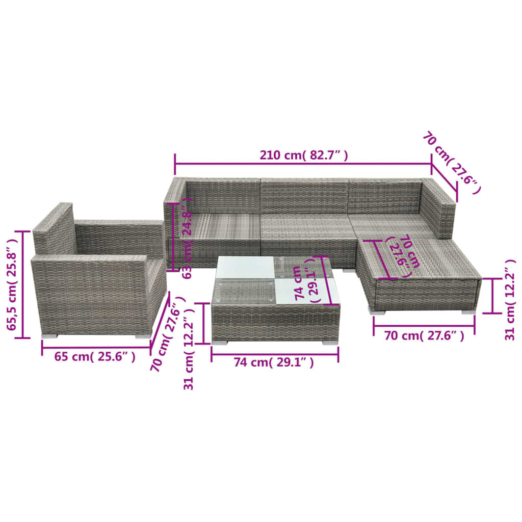 vidaXL 6 Piece Garden Lounge Set with Cushions Poly Rattan Grey