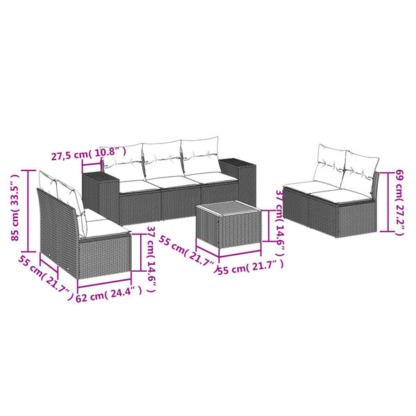 vidaXL 8 Piece Garden Sofa Set with Cushions Black Poly Rattan
