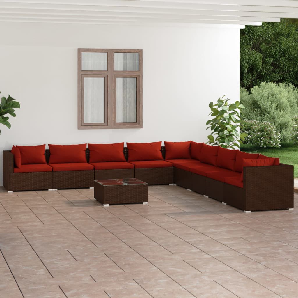 vidaXL 10 Piece Garden Lounge Set with Cushions Poly Rattan Brown