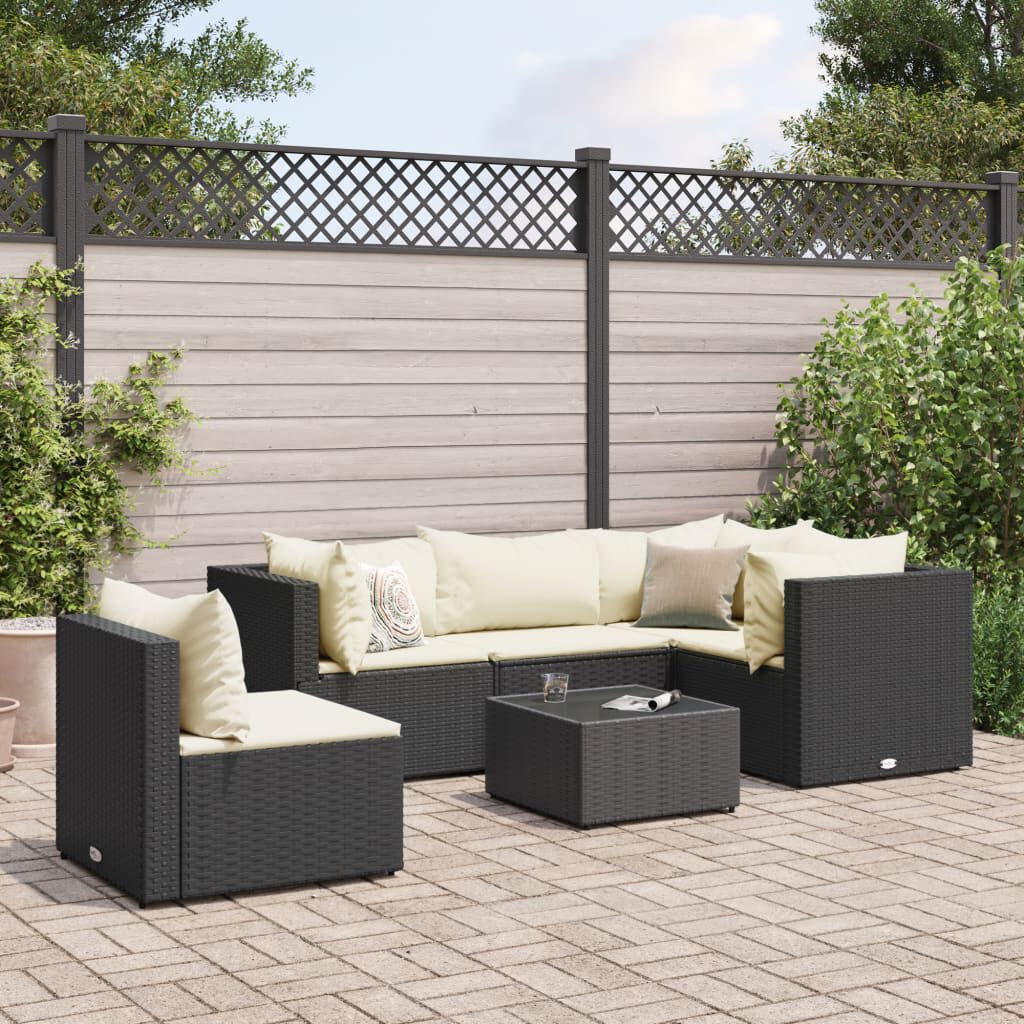 vidaXL 6 Piece Garden Lounge Set with Cushions Black Poly Rattan