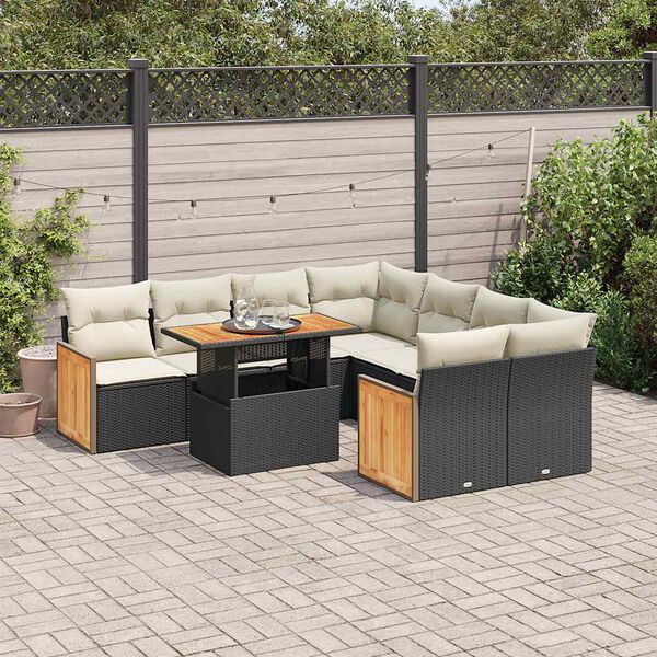 vidaXL 9 Piece Garden Sofa Set with Cushions Black Poly Rattan Acacia