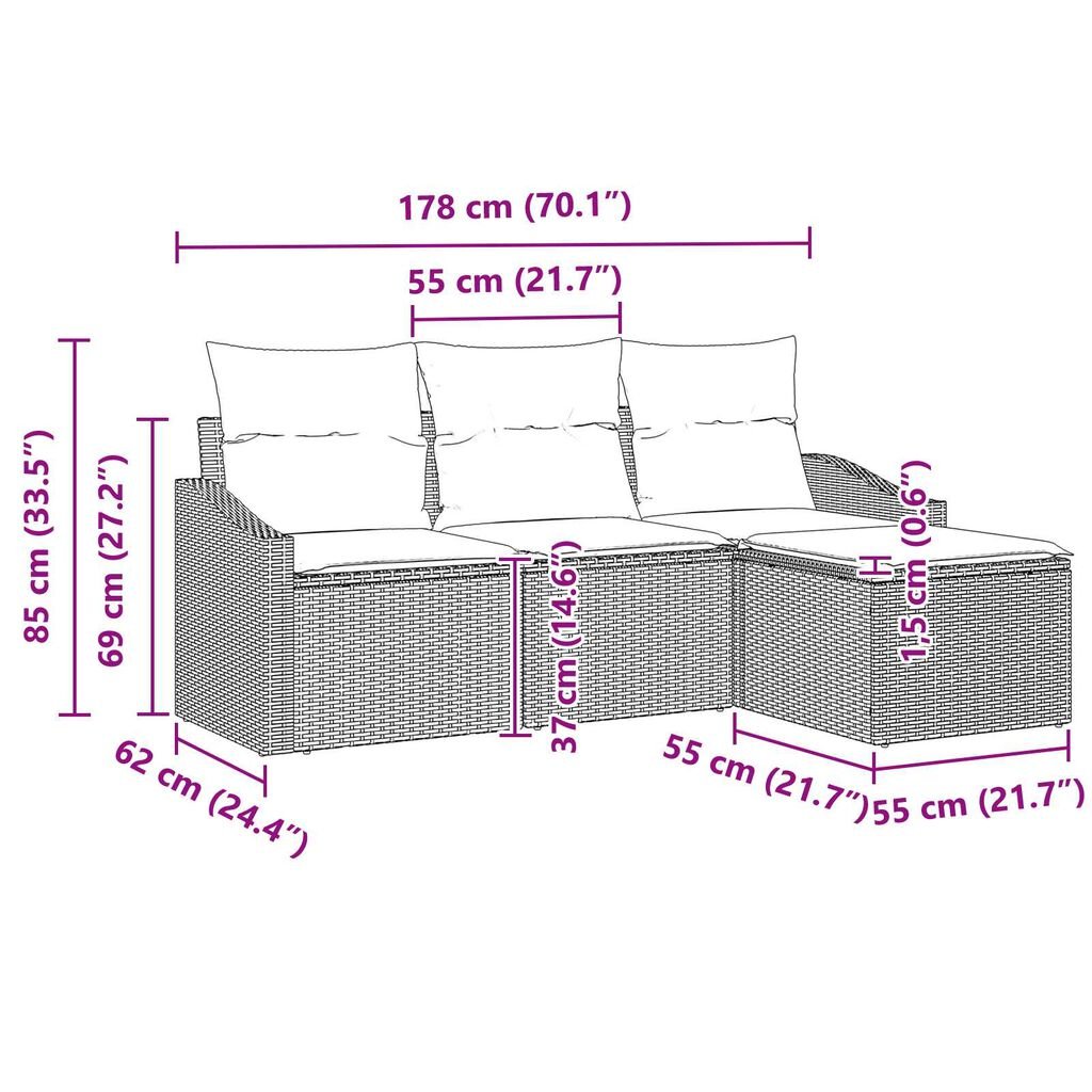 vidaXL 4 Piece Garden Sofa Set with Cushions Brown Poly Rattan