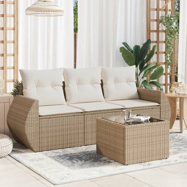 vidaXL 4 Piece Garden Sofa Set with Cushions Beige Poly Rattan