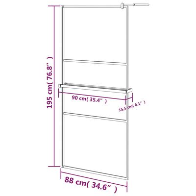 vidaXL Walk-in Shower Wall with Shelf Black 90x195 cm ESG Glass&Aluminium