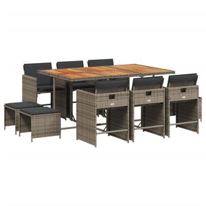 vidaXL 11 Piece Garden Dining Set with Cushions Grey Poly Rattan