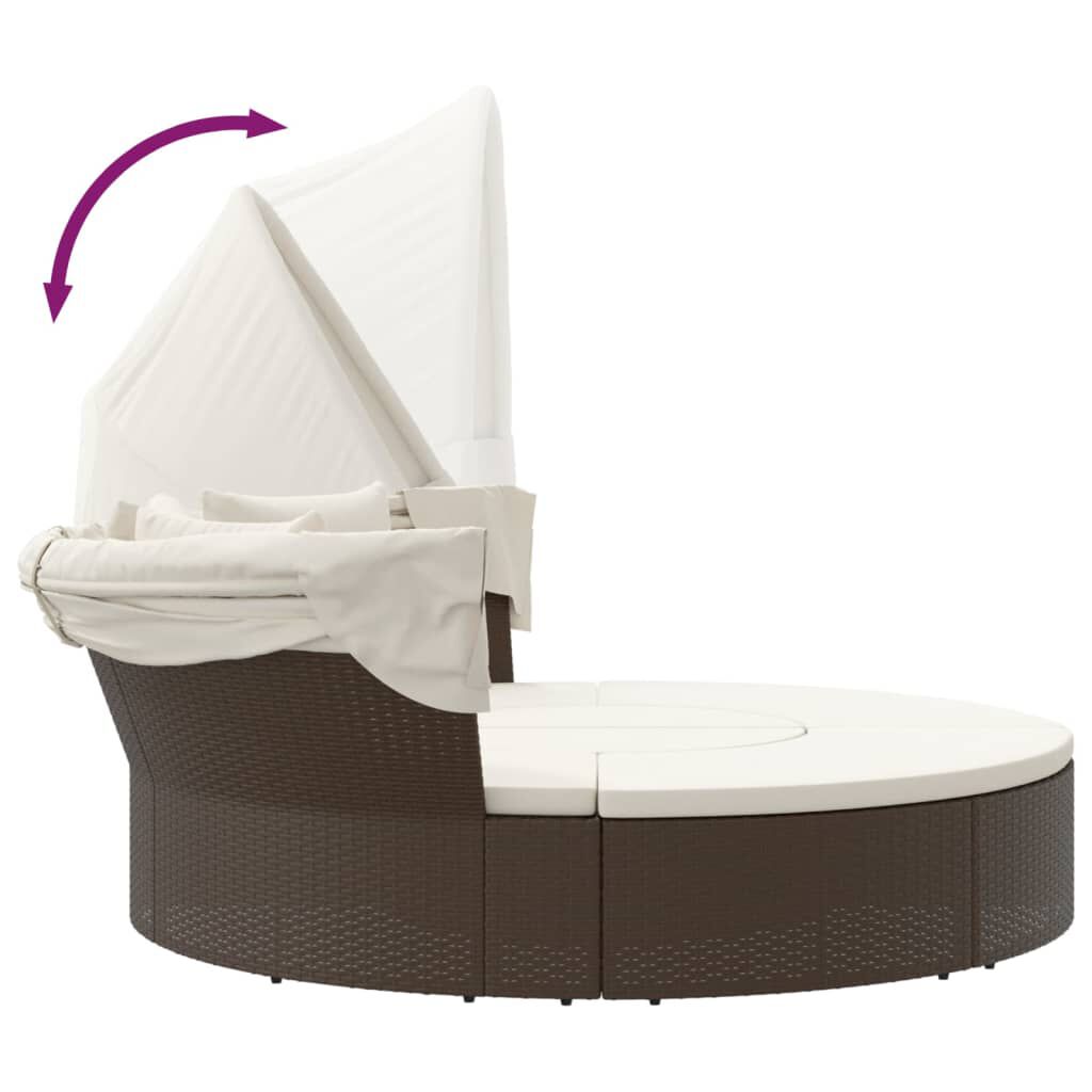 vidaXL Outdoor Lounge Bed with Canopy and Cushions Brown Poly Rattan