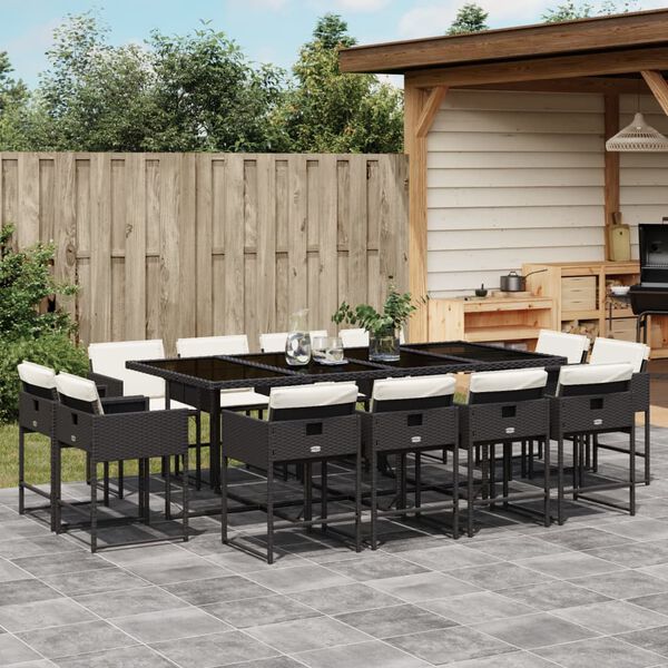 vidaXL 13 Piece Garden Dining Set with Cushions Black Poly Rattan