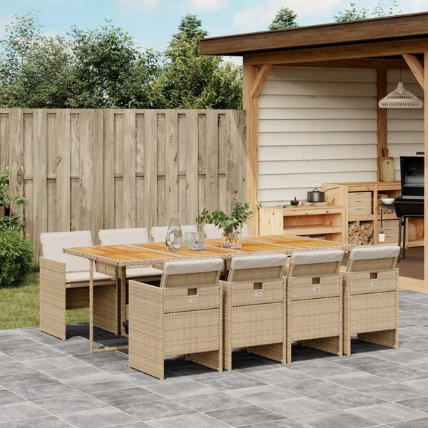 vidaXL 9 Piece Garden Dining Set with Cushions Beige Poly Rattan