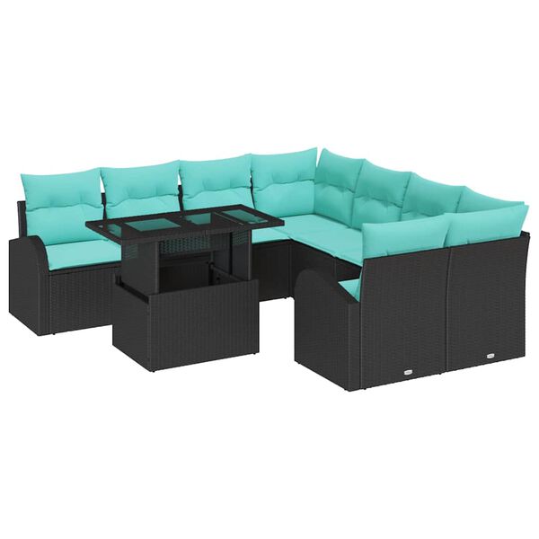 vidaXL Garden Sofa Set with Cushion Manual 9 pcs Black Poly Rattan