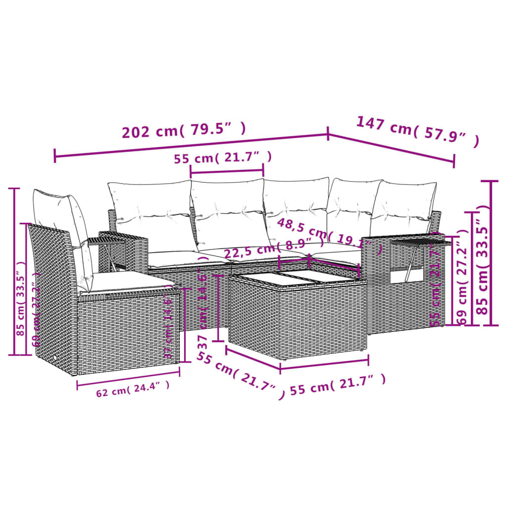 vidaXL 6 Piece Garden Sofa Set with Cushions Grey Poly Rattan