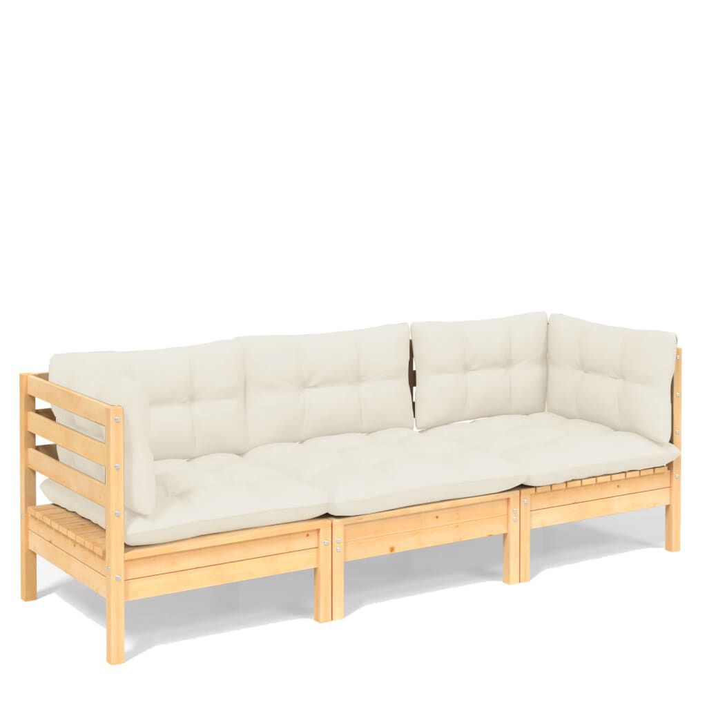 vidaXL 3-Seater Garden Sofa with Cream Cushions Solid Pinewood